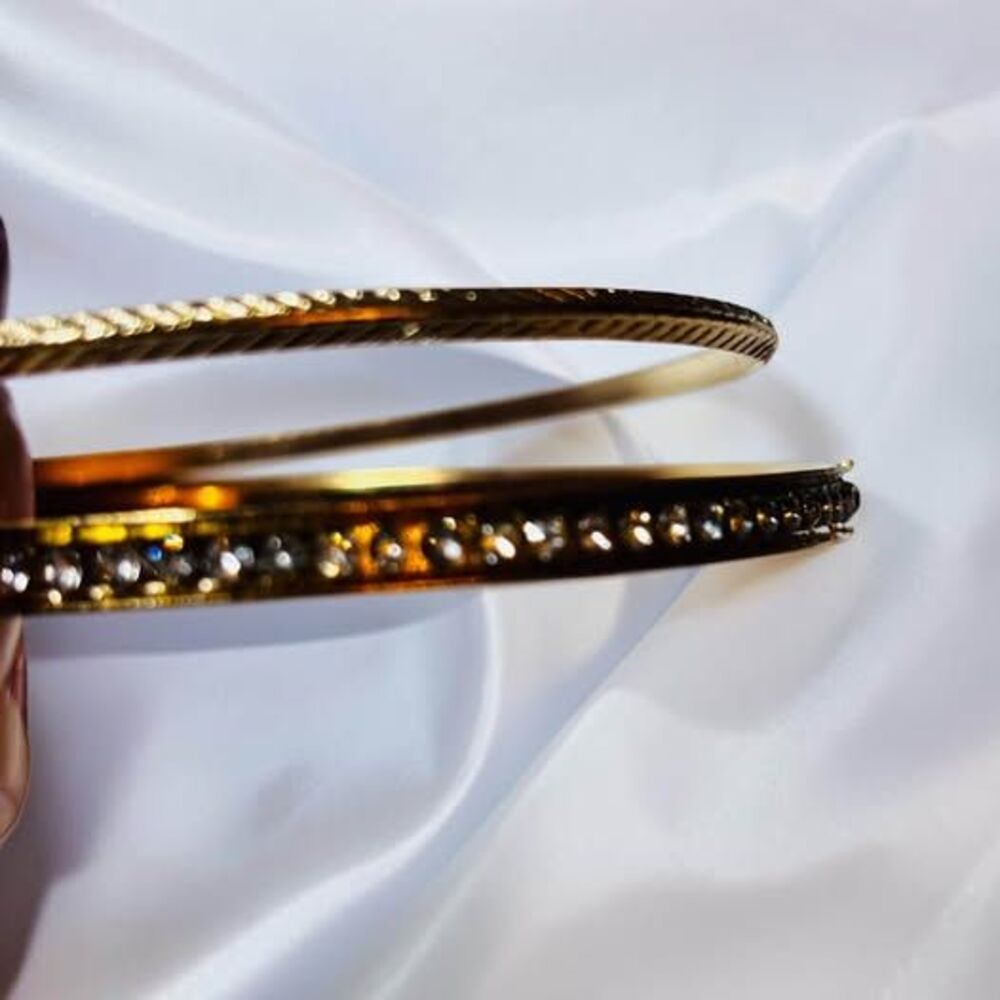 Gold Tone Bangle Bracelet Set – Textured Bands & Wide Diamond Cut Accent